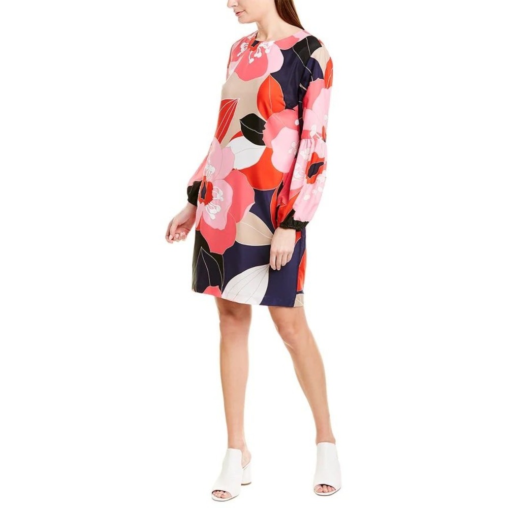 Trina Turk Sightseeing Floral Shift Dress Pink Red Navy Balloon Sleeve Mod Large